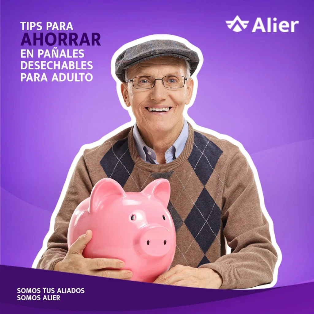 Adulto mayor sosteniendo un cerdo de ahorro. Fondo morado. | Pañales para adultos.