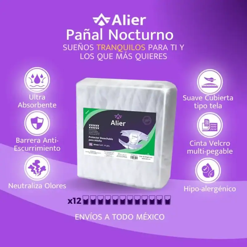 Pañal para adultos Nivel de absorción 12 día y noche. Alier® Pañales para Adultos Nivel 12 características.