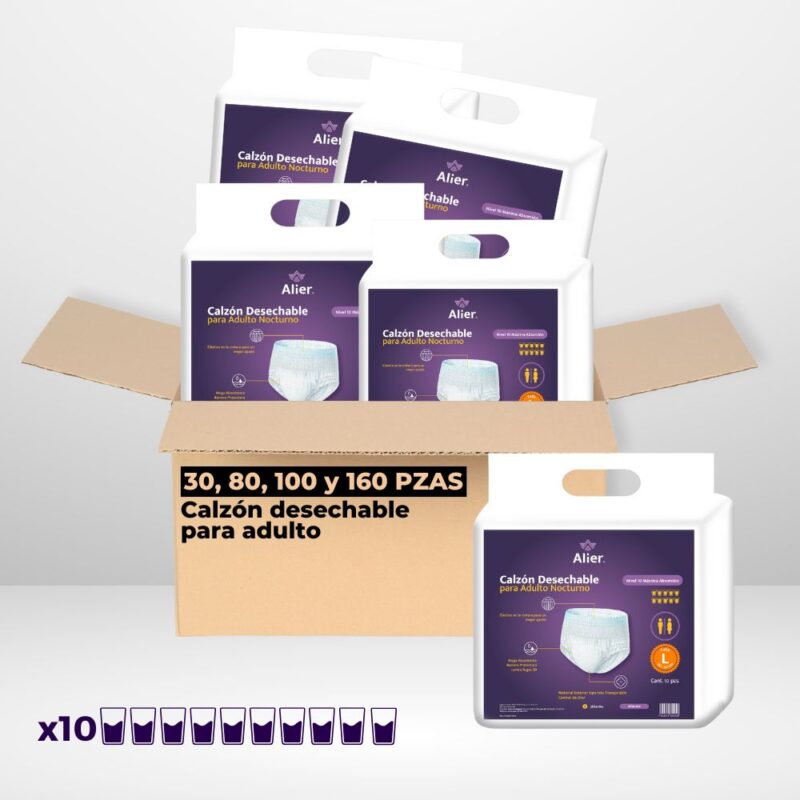 30, 80, 100 y 160 Pzas. Pañales para Adulto Nivel de absorción 10 Tallas: M, L y XL. Alier® Pañales para Adultos
