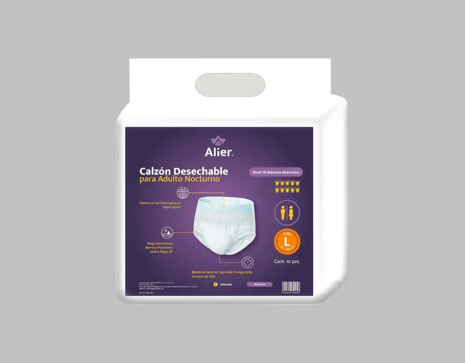 Calzón desechable para adulto. Tallas: M, L y XL. Alier® Pañales para Adultos.